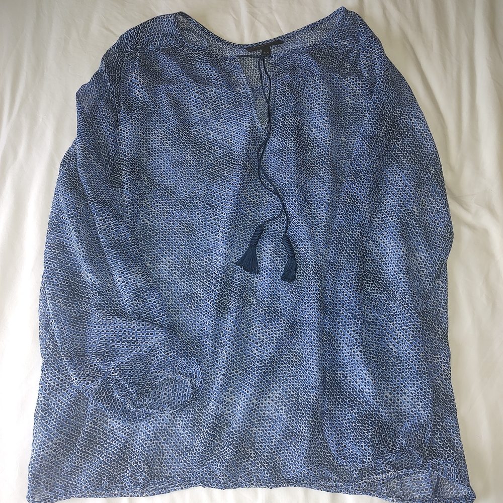Lane Bryant Navy Patterned Blouse with Tassels